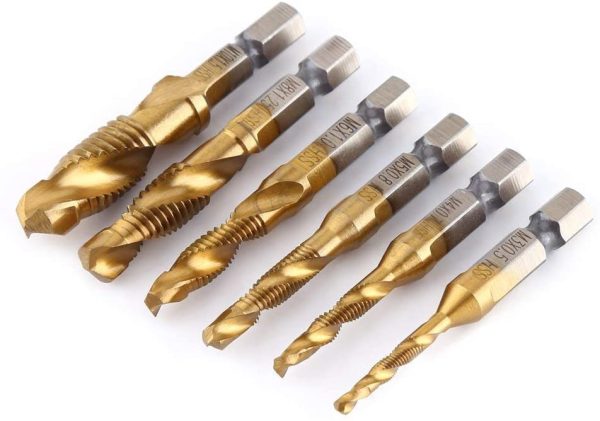 6pcs Combination Drill and Tap Bit, Metric Thread M3-M10 Screw Tapping Tool 1/4" Hex Shank Titanium Plated HSS - Image 4