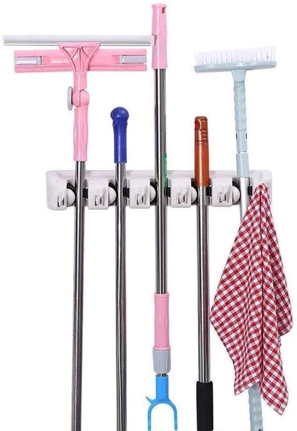 Mop and Broom Holder, Wall Mounted Garden Tool Organizer, Ideal Broom Hanger Tool Rack Storage for Kitchen, Garage, Laundry Room - 5 Position 6 Hooks - Image 5