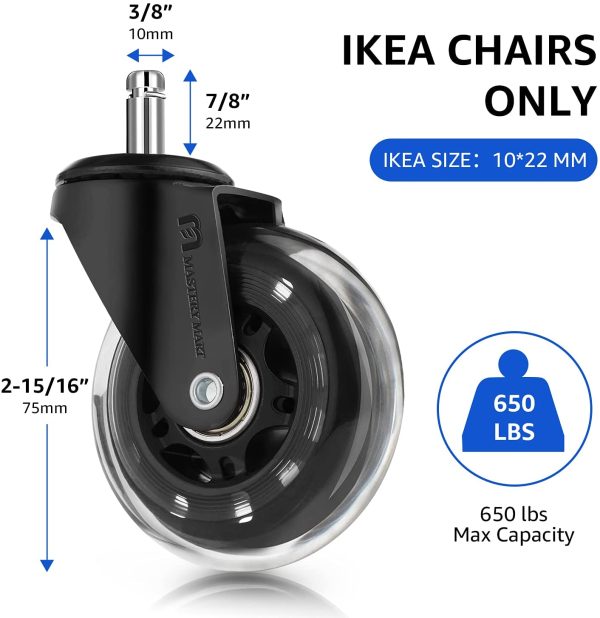 Mastery Mart Caster Wheel Replacement for Office Chair, Heavy Duty, Floor Protecting, Quiet Smooth on All Floors, 10x22 mm (FIT IKEA Chairs ONLY, Matte Black) - Image 5