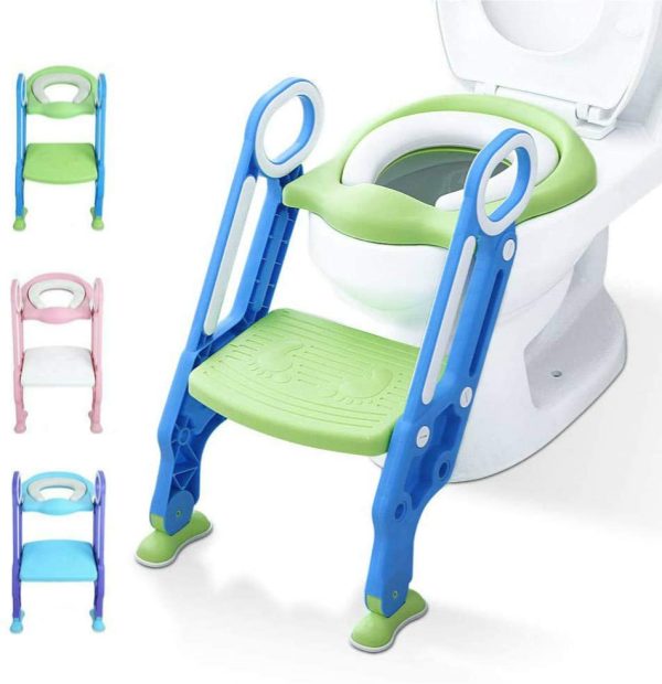 Potty Training Toilet Seat with Step Stool Ladder for Kids Children Baby Toddler Toilet Training Seat Chair with Soft Cushion Sturdy and Non-Slip Wide Steps for Girls and Boys (Blue Green)