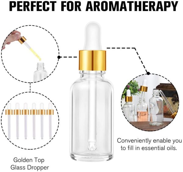 PrettyCare Eye Dropper Bottle 1 oz (24 Pack Clear Glass Bottles 30ml with Golden Caps, 2 Extra Measured Pipettes, 48 Labels, 2 Funnels ) Empty Tincture Bottles for Essential Oils, Perfume - Image 3