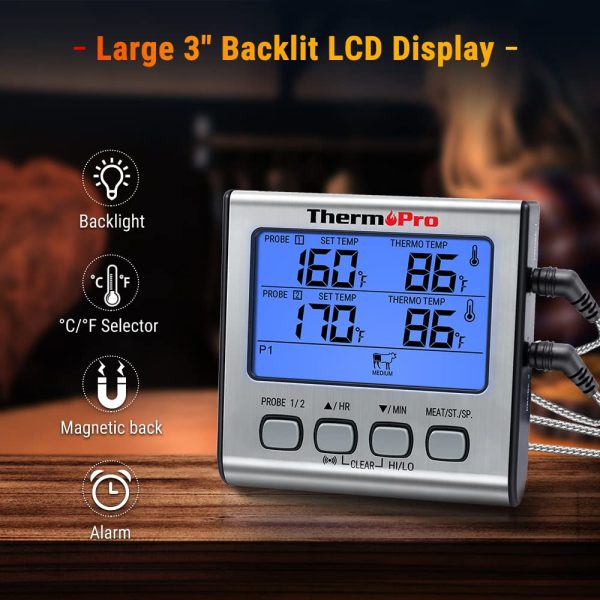 ThermoPro TP-17 Dual Probe Digital Cooking Meat Thermometer Large LCD Backlight Food Grill Thermometer with Timer Mode for Smoker Kitchen Oven BBQ - Image 5