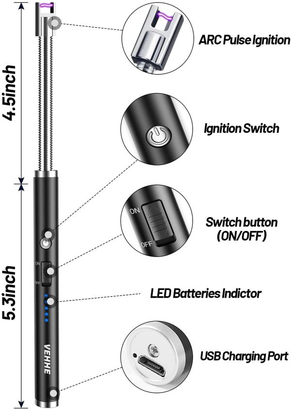 Candle Lighter, VEHHE USB Rechargeable Electric Lighter with Long 360° Flexible Neck LED Display, Flameless and Windproof, for BBQ Camping Cooking Fireworks - Image 2