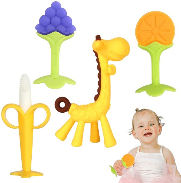 Chuya Teething Toys (4 Pack) - 3 Month Teething Toy for Baby, BPA-Free,Baby Chew Toy for Infants & Toddlers, Silicone Baby Teethers,Giraffe & Fruit Series Teething Stick Set for Babies 0-6 Months