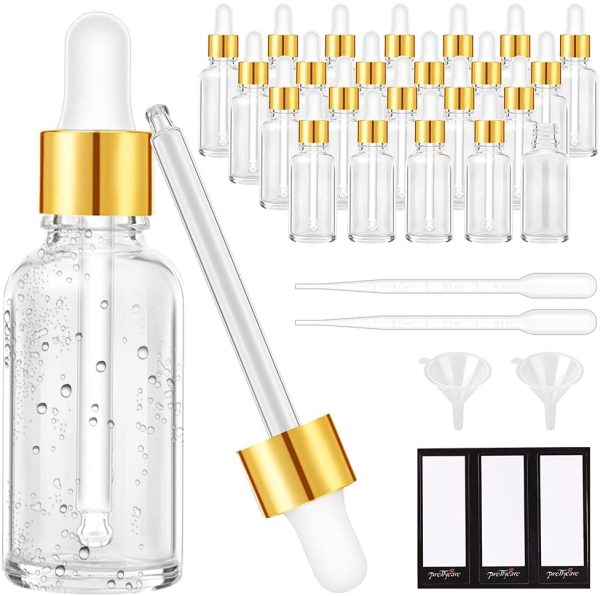 PrettyCare Eye Dropper Bottle 1 oz (24 Pack Clear Glass Bottles 30ml with Golden Caps, 2 Extra Measured Pipettes, 48 Labels, 2 Funnels ) Empty Tincture Bottles for Essential Oils, Perfume - Image 5