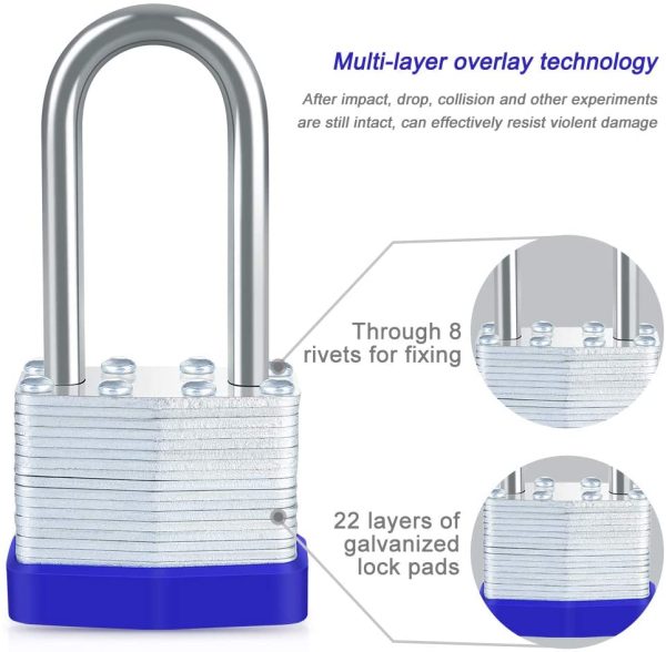 Padlock with Key, [1-5/8-inch Long Shackle]  40mm Heavy Duty Padlocks Outdoor Weatherproof Lock Laminated Steel Padlocks keyed Alike for Gym Locker, Garage, Shed, Fence, Warehouse - Image 7