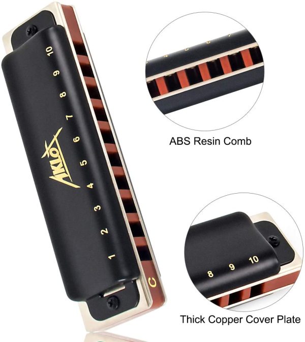 AKLOT Blues Harmonica 10 Hole Diatonic Harp Key of C Blues Harp 20 Tones for Adult and Kid with Hard Case