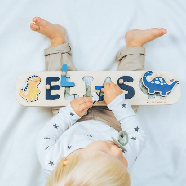 Baby Personalized Wood Name Puzzle With Custom Design - Toddler Name Puzzle For Girls & Boys - Montessori Toys Nursery D??cor - Name Sign 1st Birthday Gift for Baby (Blue, Boy Dino) - Image 7