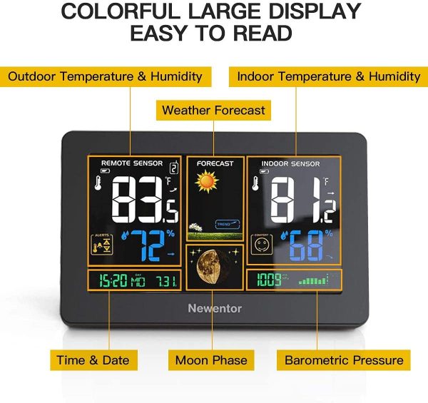 Newentor Weather Station Wireless Indoor Outdoor Thermometer, Color Display Digital Weather Thermometer with Atomic Clock, Forecast Station with Calendar and Adjustable Backlight