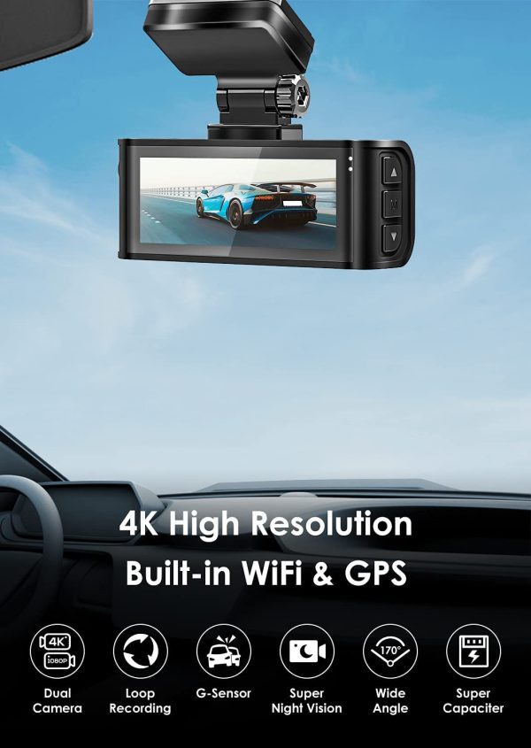 Dash Cam 4K Built in WiFi GPS Front 4K Rear 1080P Dual Dash Camera for Cars 3.16" IPS Screen 170?? Wide Angle Camera with Sony Sensor,WDR Night Vision,G-Sensor,Loop Recording,Support 256GB Max