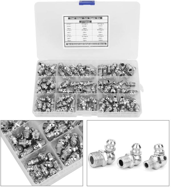 Steel Zerk Grease Nipple Fitting Assortment Kits, 115Pcs Straight and 90 Degree and 45 Degree M6 M8 M10 Grease Zerk Nipple Fitting - Image 3