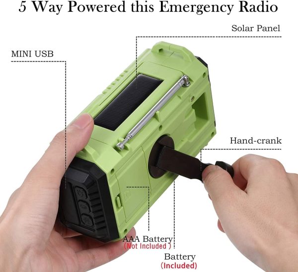 5-Way Powered Emergency Weather Radio AM/FM/SW/NOAA Radio with Solar Charging, Hand Crank,AAA Battery Operated, 5000 Build-in Rechargeable Battery, USB Cable, SOS Alarm,Cellphone USB Charger, LED Camping Flashlight/Reading Lamp, Headphone Jack, Compass for Home and Outdoor Emergencies - Image 7