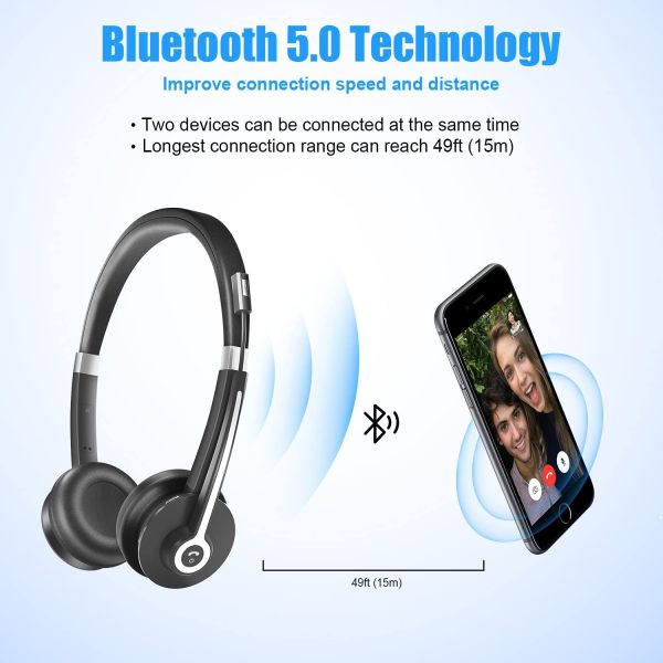 Bluetooth Headset with Microphone Noise Canceling, V5.0 Handsfree Wireless Headphones with Mute, 26H Talk Time Wireless Headset with Microphone for Laptop, Cell Phone, PC, Online Classes, Meetings