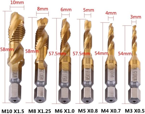 6pcs Combination Drill and Tap Bit, Metric Thread M3-M10 Screw Tapping Tool 1/4" Hex Shank Titanium Plated HSS - Image 8