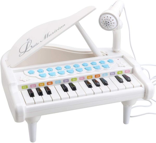 Amy&Benton Mini Piano Keyboard Toy for Kids 1 2 3 4 Years Old 24 Keys White Electronic Musical Instrument Multifunction with Microphone for Preschool