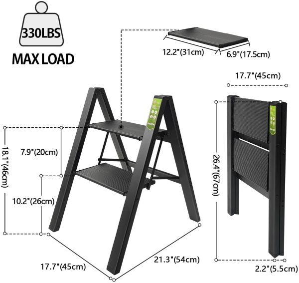 2 Step Ladder,  Folding Step Stool with Wide Anti-Slip Pedal, Aluminum Portable Lightweight Ladder for Home, Kitchen and Office Use, 330lb Capacity - Image 6