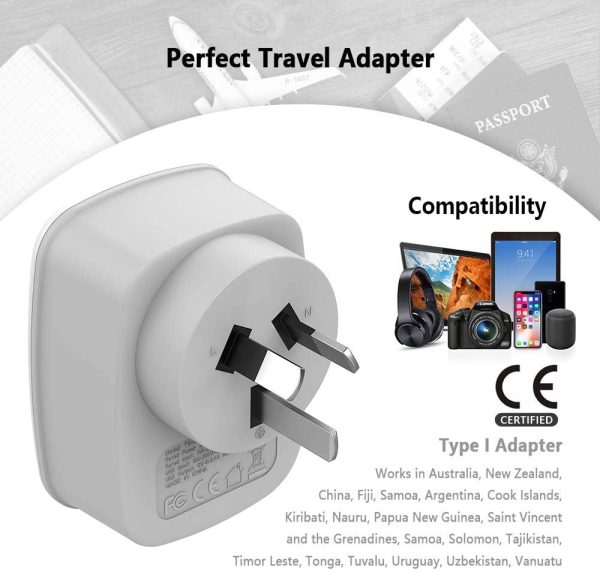 Australia New Zealand China Travel Plug Adapter,  International Power Adaptor 3 in 1 Grounded Outlet Adapter with 2 USB Ports for Canada/USA to Fiji Argentina (Type I) - Image 5