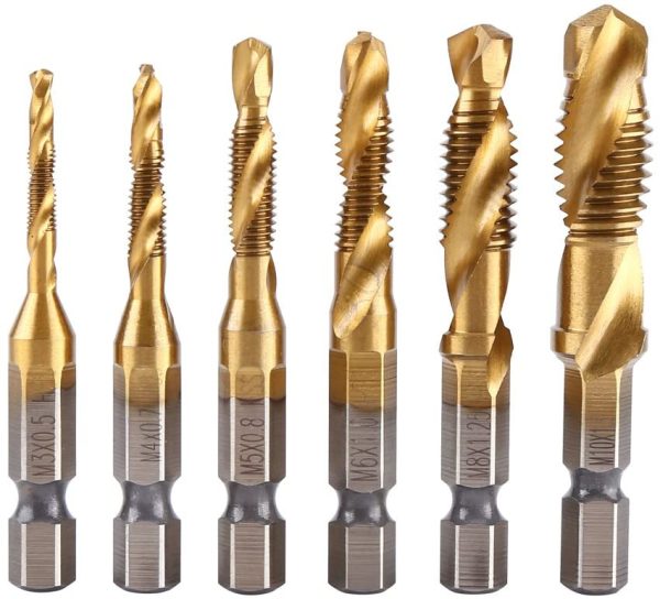 6pcs Combination Drill and Tap Bit, Metric Thread M3-M10 Screw Tapping Tool 1/4" Hex Shank Titanium Plated HSS