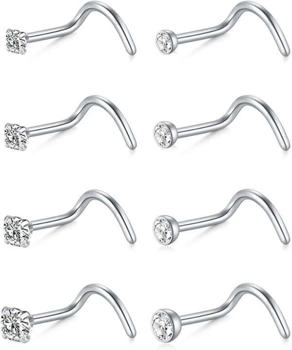 MODRSA Nose Studs for Women Silver Gold Nose Stud 18g 20g Nose Rings Studs L Shaped Diamond Surgical Stainless Steel Nose Screw Nose Piercing Studs Nose Rings 18 Gauge 20 Gauge