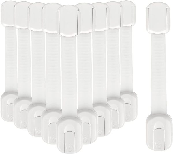 Child Safety Strap Locks - 10 Pack - Childproof Cabinet Locks & Straps - Adhesive Baby Proofing Cabinet Lock, Door Lock for Kids Safety (White) - Image 6