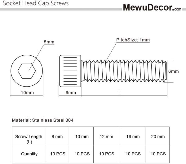 50 PCS Socket Head Cap Screw Assortment Set, M6 x 8mm, 10mm, 12mm, 16mm, and 20mm, Stainless Steel 304, Bright Finish - Image 4