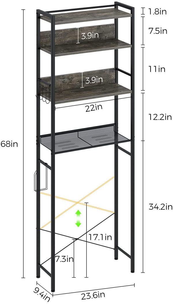 Rolanstar Bathroom Space Saver, 4-Tier Over The Toilet Storage Rack with Toilet Paper Holder, Wooden Freestanding Bathroom Organizer with 4Hooks, Multifunctional Bathroom Toilet Rack,Gray - Image 5