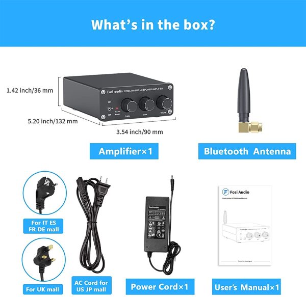 BT20A Bluetooth 5.0 Stereo Audio 2 Channel Amplifier Receiver Mini Hi-Fi Class D Integrated Amp 2.0 CH for Home Speakers 100W x 2 with Bass and Treble Control TPA3116 (with Power Supply) - Image 2