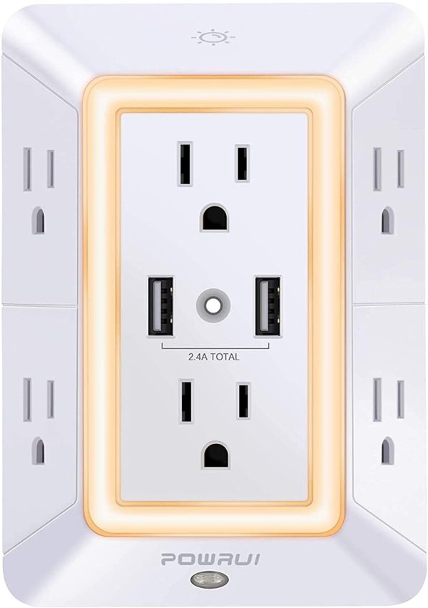 USB Wall Charger, Surge Protector,  6-Outlet Extender with 2 USB Charging Ports (2.4A Total) and Night Light, 3-Sided Power Strip with Adapter Spaced Outlets - White,ETL Certified