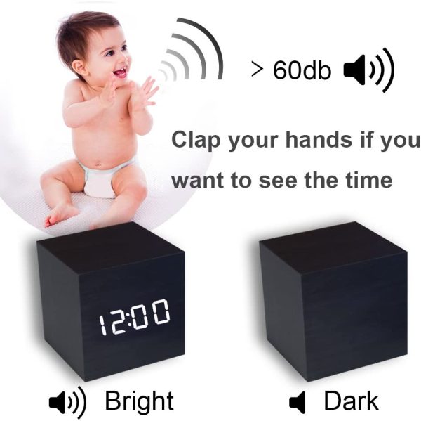 Digital Alarm Clock LED Light Multifunctional Modern Cube Displays Date Temperature for Home Office Travel-Black - Image 2