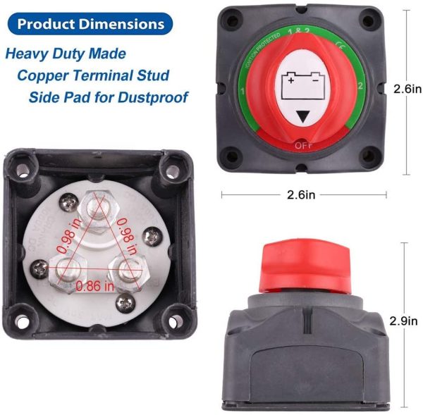 1-2-Both-Off Battery Switch, 6V 12V 24V 48V 60V Battery Disconnect Master Cutoff Switch for Marine Boat Car RV ATV UTV Vehicle, Waterproof Heavy Duty Battery Isolator Switch, 200/1250Amps