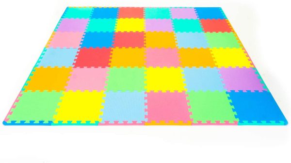 ProSource Kids Foam Puzzle Floor Play Mat with Solid Colors, 36 Tiles or 16 Tiles with Borders