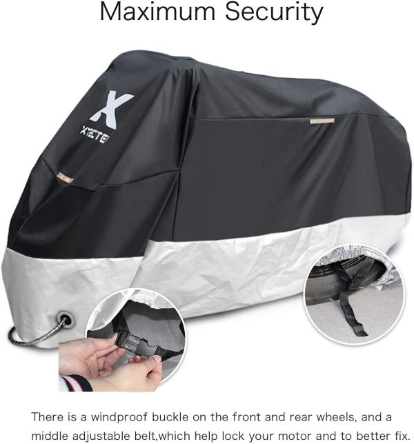 Motorcycle Cover ?C All Season Black Waterproof Outdoor Protection ?C Fit for 96 inch Tour Bikes, Choppers and Cruisers ?C Protect Against Dust, Debris, Rain and Weather (XL with Logo) - Image 6