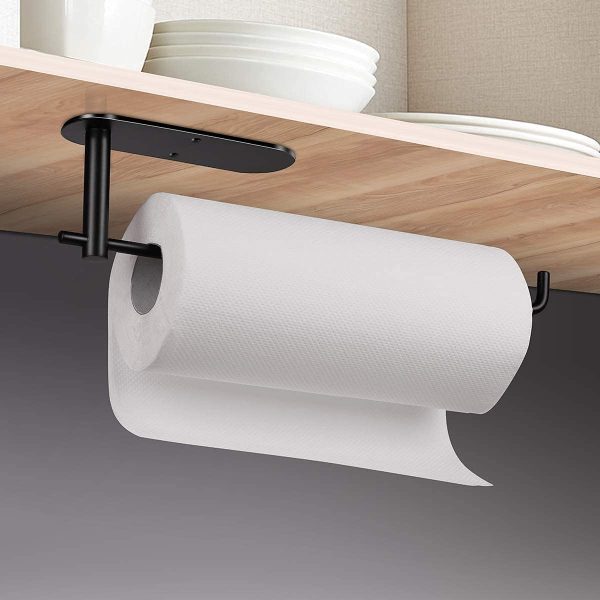 Paper Towel Holder Under Kitchen Cabinet - Self Adhesive or Drilling Paper Towel Holder Stick on Wall for Kitchen, Bathroom, Cabinets, SUS304 Stainless Steel - Black - Image 2