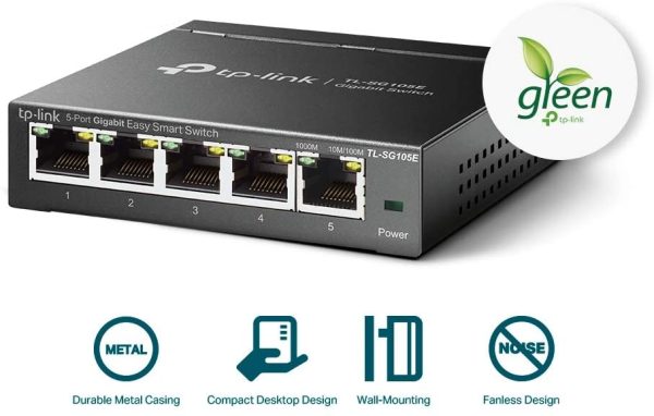 TP-Link 5 Port Gigabit Ethernet Easy Smart Switch, Unmanaged Pro, Plug and Play, Desktop/Wall-Mount, Sturdy Metal W/ Shielded Ports, Limited Lifetime Protection, Support QoS, Vlan, IGMP and Link Aggregation (TL-SG105E)