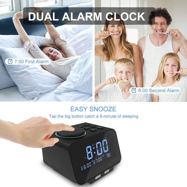 Digital Alarm Clock Radio - 0-100% Dimmer, Dual Alarm with Weekday/Weekend Mode, 6 Sounds Adjustable Volume, FM Radio w/ Sleep Timer, Snooze, 2 USB Charging Ports, Thermometer, Battery Backup - Image 2