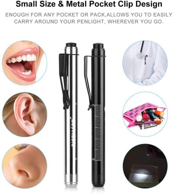 Medical Penlight RISEMART Nurse Diagnostic Reusable LED Pen and Light with Pupil Gauge Measurements for Nursing Students Doctors with Pocket Clip Included 4 * AAA Batteries(Black and Silver)