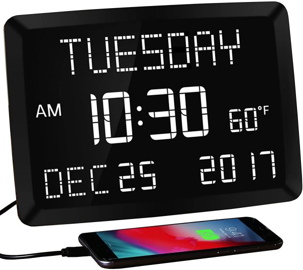 11.5?? Digital Wall Clock,Large Calendar Day Clock,Impaired Vision LED Desk Alarm Clock with 3 Alarms,Date,Temperature,5 Dimmer,2 USB Chargers,DST,12/24H,Loud Plug in Seniors Clock Battery Backup for Living Room Bedroom,Elderly Memory Loss Kids Teens Boys Girls