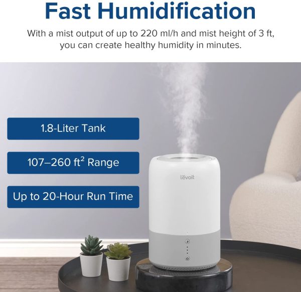 Humidifier for Bedroom, Top Fill Cool Mist Humidifiers for Plants, Baby, Air Humidifier with Intelligent Sleep Mode, Essential Oil Difusser, Filterless, BPA Free, Dual 100, Gray, 1.8L - Image 4