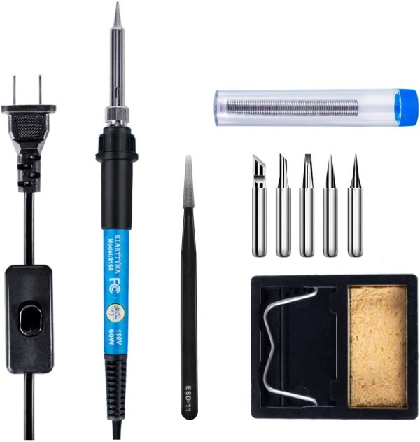 Soldering Iron Kit, 60W Adjustable Temperature Soldering Welding Iron Tool with ON-Off Switch, 5pcs Soldering Iron Tips, Soldering Iron Stand, Solder Wire, Tweezers