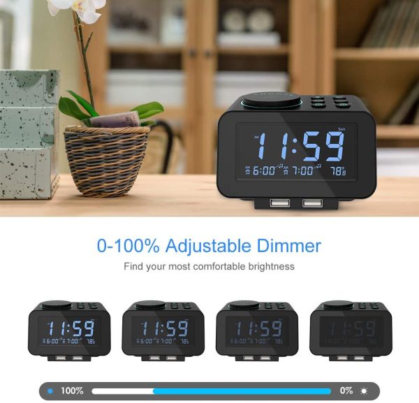 Digital Alarm Clock Radio - 0-100% Dimmer, Dual Alarm with Weekday/Weekend Mode, 6 Sounds Adjustable Volume, FM Radio w/ Sleep Timer, Snooze, 2 USB Charging Ports, Thermometer, Battery Backup - Image 4