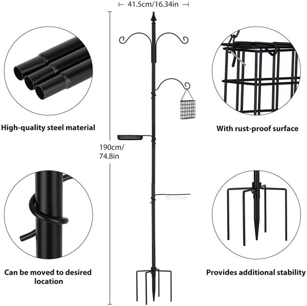 Zelaby Bird Feeder Pole 75 Inches Bird Feeding Station Including Multiple Hooks Bird Bath Mesh Tray and Suet Basket with 5-Prong Base for Outside Garden Yard - Image 6