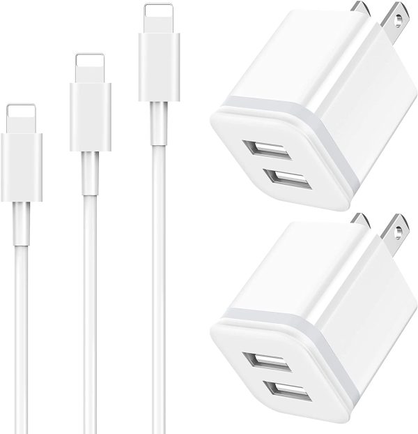 Phone Charger Cable 3ft 6ft 10ft with Wall Plug,  5-Pack Long Charging Cord + Dual Port USB Block Cube Adapter Replacement for iPhone 11 XS/XS Max/XR/X 8/7/6/6S Plus SE/5S/5C, Pad, Pod - Image 2