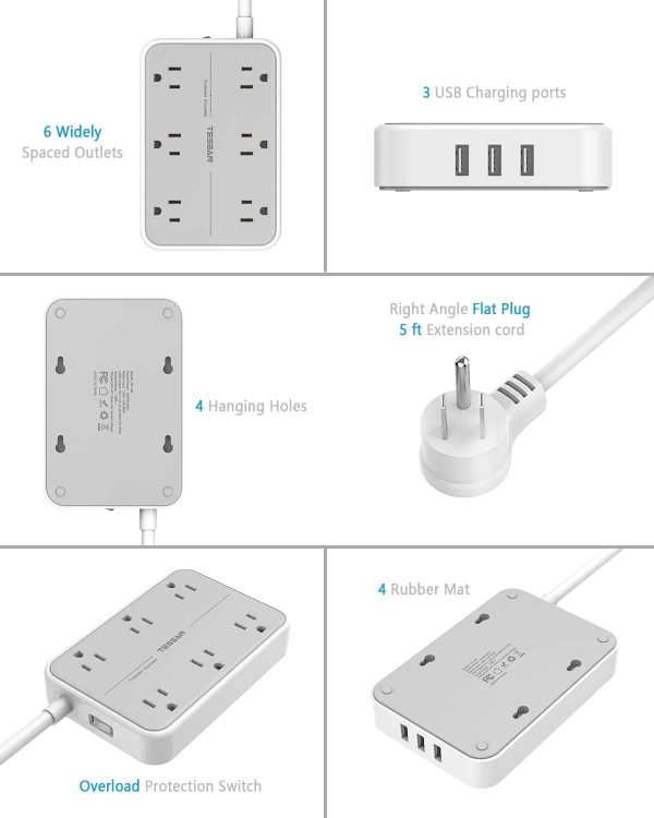 Surge Protector Power Bar with USB, Flat Plug Power Strip with 6 Widely Spaced Outlets and 3 USB Ports,  5 Feet Extension Cord Indoor, Desktop Charging Station Wall Mount for Home, Office, Dorm - Image 6