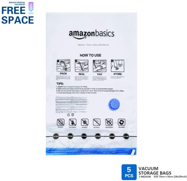 Amazon Basics Vacuum Compression Storage Bags with Hand Pump - Medium, 5-Pack