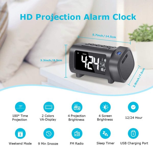 Projection Alarm Clock with FM Radio, Temperature Monitor, USB Charger, Weekend Mode, 2-Color VA Display with 4 Dimmer (Blue-White) - Image 7