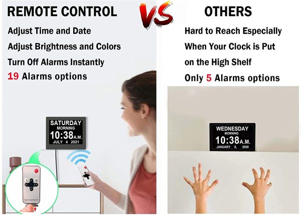 ??New 2022??  8 Inch Large Day Clock - 19 Alarms, Remote Control & Custom Alarms, Digital Wall Clock for Heavy Sleepers Elderly Seniors Alzheimers' or Schoolkids - Image 9