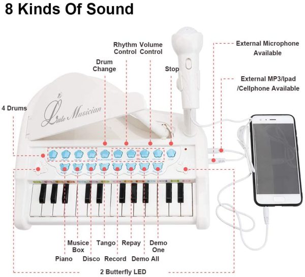 Amy&Benton Mini Piano Keyboard Toy for Kids 1 2 3 4 Years Old 24 Keys White Electronic Musical Instrument Multifunction with Microphone for Preschool - Image 2