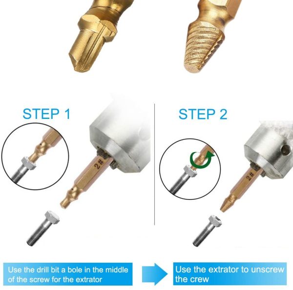 Screw Extractor, [Upgraded Version][5 Pieces] Diyife Stripped Screw Remover, Damaged Screw Bolt Extractor Set, Speed Out Drill Bits Guide Set for Broken or Damaged Screws Made from H.S.S. 4341#, Gold - Image 5