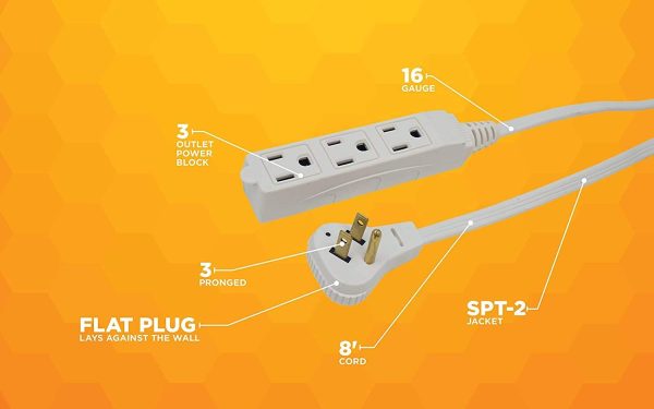 2-PACK - SlimLine 2241 Flat Plug Extension Cord, 3-Wire, White, 8-Foot - Image 5