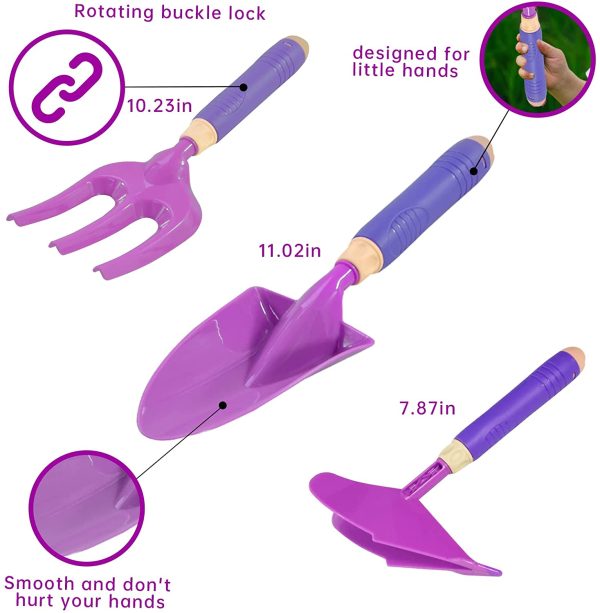 Qtioucp Kids Pretend Play Garden Toys Outdoor Gardening Tool Set with 93 PCS DIY Kids Flower Garden Building Preschool Activities Wheelbarrow, Watering Can, Hand Rake,Trowel, Plow, Double Hoe, Gloves, Apron for Kids Boys Girls (Purple)